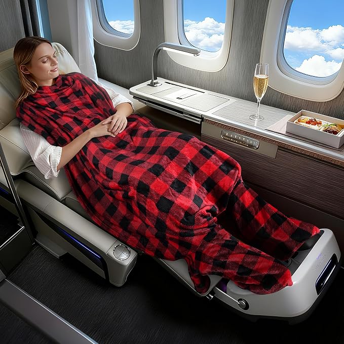 Tirrinia Travel Portable Blanket with Feet Pocket Airplane Office Poncho 4 in 1 Zippered Front Pocket Premium Cozy Fleece Blankets with Built-in Bag - Image 6
