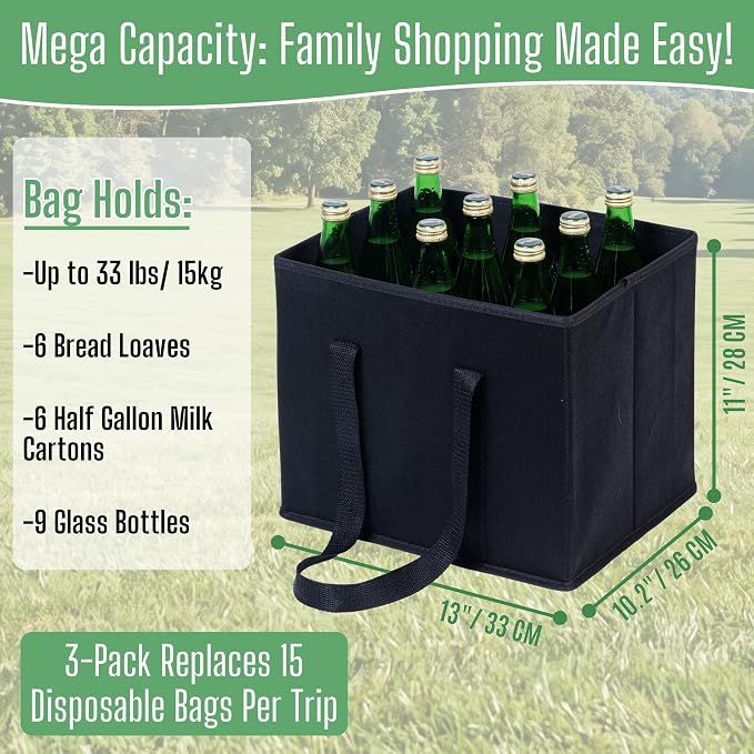 VENO 3 Pack Reusable Grocery Shopping Bags Utility Tote w/Sturdy Handles | Heavy Duty Storage Box with Hard Bottom, Foldable Picnic Basket for Groceries Shopping Cart Trunk Organizer(Black, 6 Gallon) - Image 2
