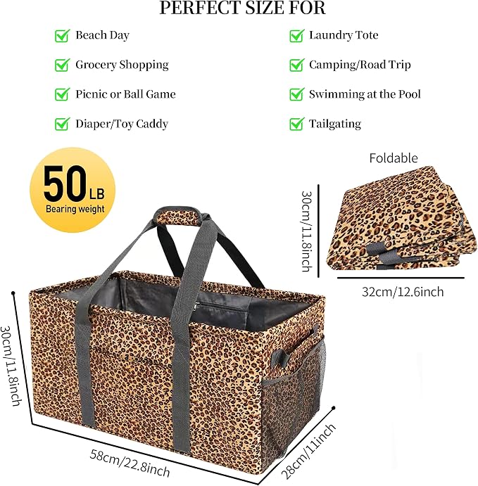 Joyfol Day Extra Large Utility Tote Bag, Reusable Grocery Bags Foldable,Upgraded Metal Frame, With Sturdy Handles Reinforced Bottom Heavy Duty Oxford Fabric Moving Shopping Bags, Leopard Brown - Image 5