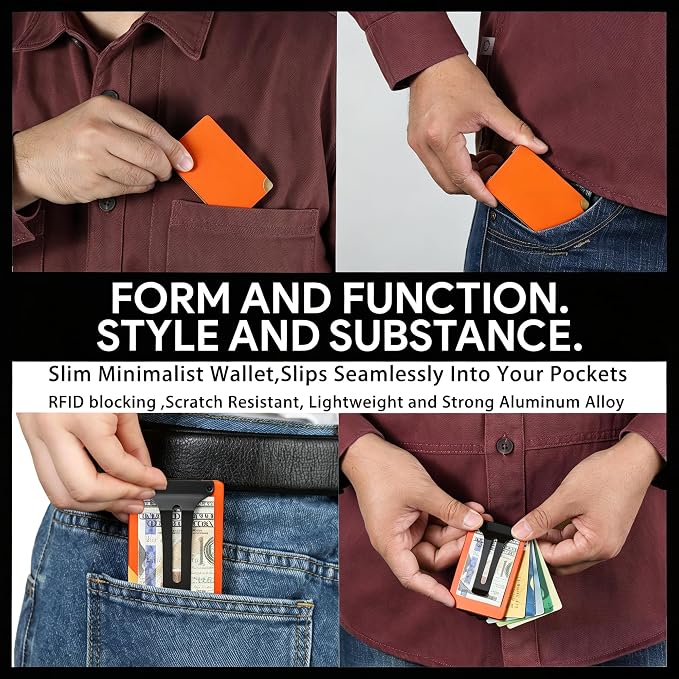 Minimalist Wallet for Men, Slim Metal RFID Blocking Wallet Credit Card Holder Money Clip & Cash Strap, Scratch-Resistant Holds 15 Cards,Ideal Gift for Men | Matte Orange - Image 6