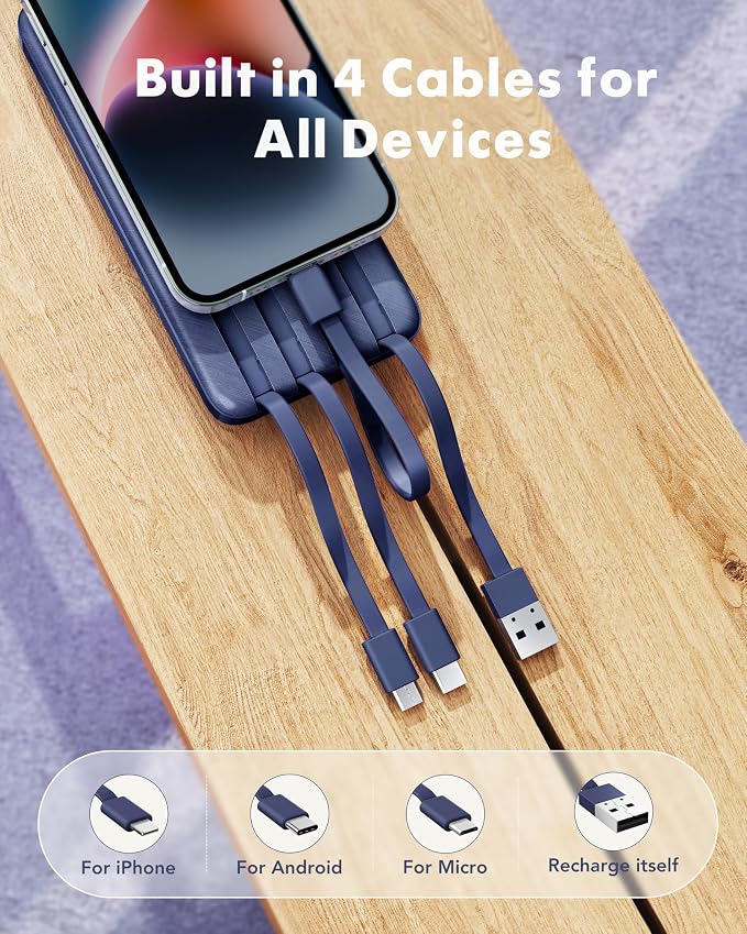 charmast Portable Charger Power Bank with Reinforced Built-in 4 Cables | 10000mAh,6 Outputs 3 Inputs,Travel Essentials,Carry-on Only,3A Fast Charging Portable Phone Charger for iPhone Samsung Pixel - Image 2