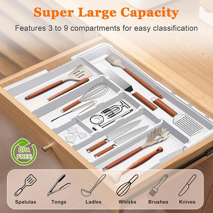 Large Utensil Drawer Organizer Expandable Silverware Organizer for Kitchen Drawer Adjustable Cooking Utensil Holder Cutlery Flatware Tray Spatula Tools Gadgets Storage Dividers Plastic White - Image 2