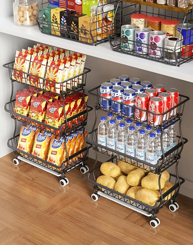 OKZEST 3-Tier Rolling Pantry Floor Organizers and Storage Cart with Wheels | Fits under pantry shelf, Stackable kitchen pantry baskets with dirt catch tray, Holds drink, snack, can, potato, onion, fruit by OKZEST