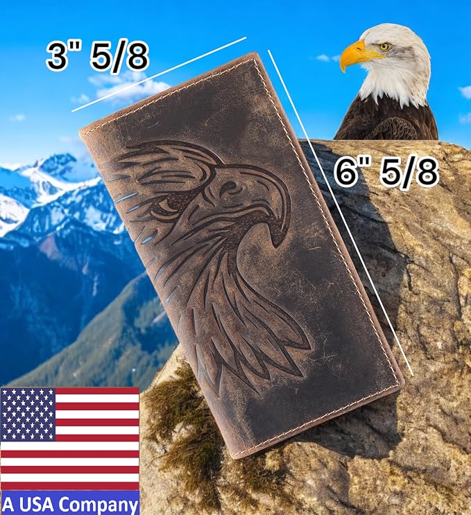 F&L CLASSIC Men's RFID Vintage Look Genuine Leather Long Bifold Wallet Checkbook Wallets,brown eagle head,240-102 - Image 2