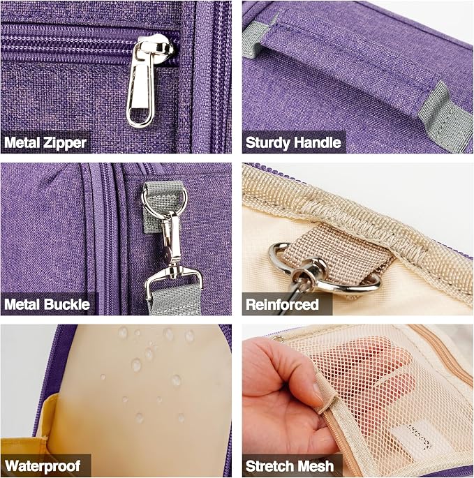 Hanging Travel Toiletry Bag for Women and Men, 6 Organizer Compartments, Large Toiletries essentials, Bathroom Cosmetic Accessories, Water-resistant Makeup Bag, Holds Full-Size Shampoo, Purple - Image 4