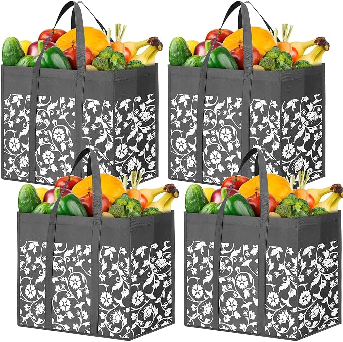 Reusable Grocery Bags Foldable Tote Bags Bulk Shopping Bags 4-Pack, Grey | Reinforced Handles Shopping Bags for Groceries Heavy Duty Kitchen Reusable Grocery Bags with Waterproof Coating by WOWBOX