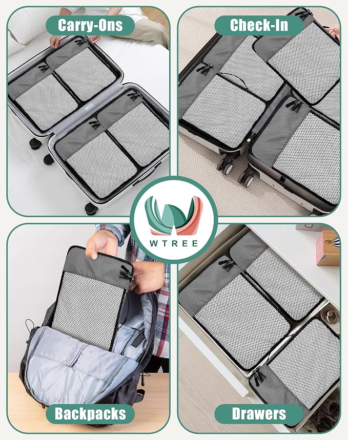 WTREE 4-Piece Packing Cubes Travel Accessories Set for Suitcases - Luggage Organizer Bags with Double Zipper - Mesh Top - Medium - Dark Grey - Image 7