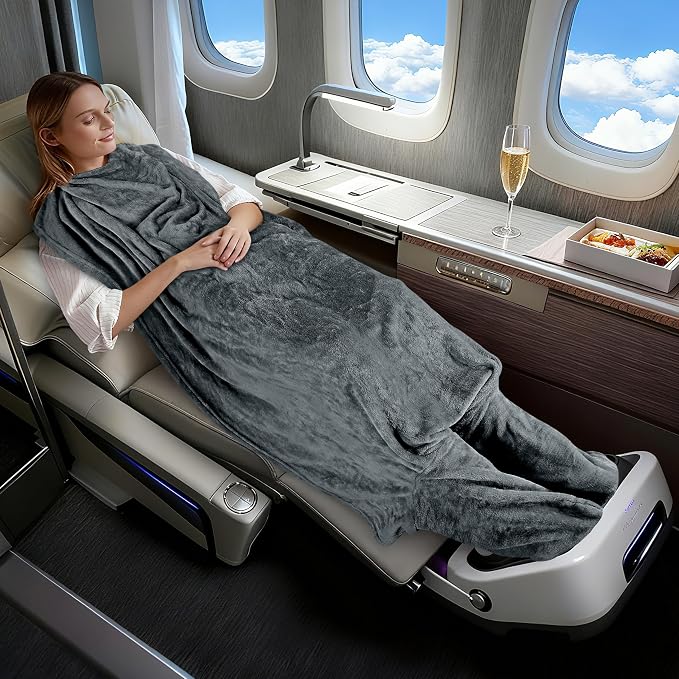 Tirrinia Travel Portable Blanket with Feet Pocket Airplane Office Poncho 4 in 1 Zippered Front Pocket Premium Cozy Fleece Blankets with Built-in Bag - Image 6
