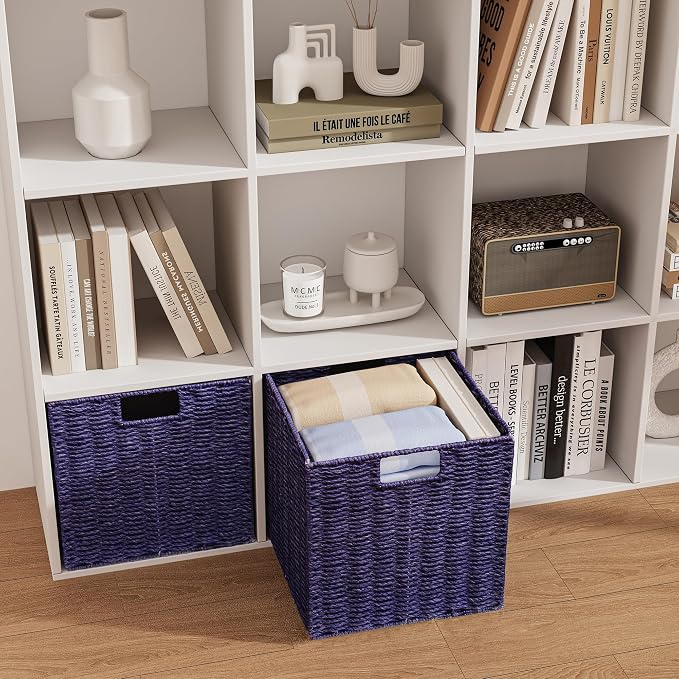 Wicker Storage Basket, Set of 2 Hand-Woven Wicker Basket, 11 inch Storage Basket, Foldable Cube Storage Organizer Bins, Storage Baskets for Organizing Shelves Decor, Purple (11″×11″×11″) - Image 4