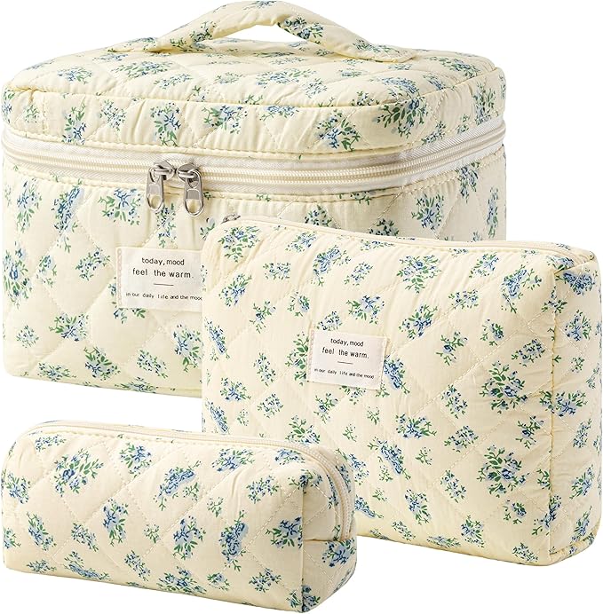HBselect Quilted Makeup Bag, 3Pcs Cotton Large Travel Makeup Bags Organizer | Cute Floral Make up Bag Cosmetic Bag Toiletry Bag for Women Girls, Makeup Pouch for Skincare, Brushes & Travel Essentials by HBselect