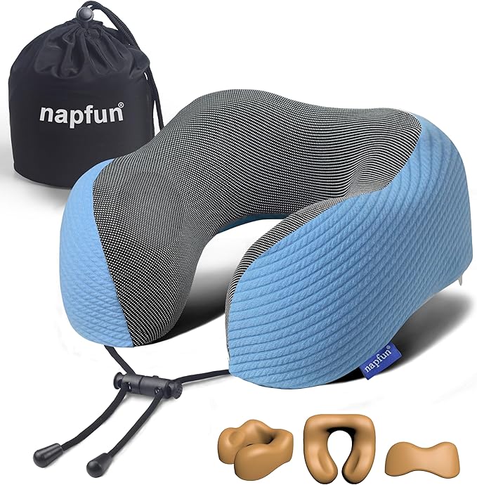 napfun Neck Pillow for Travel, Memory Foam Airplane Pillow, Sky Blue | 360° Neck Support, Upgraded 100% Memory Foam for Airplane, Car, Train, Bus, Office Sleep, Travel Essentials for Long Flights by NAPFUN