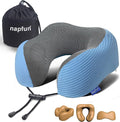 napfun Neck Pillow for Travel, Memory Foam Airplane Pillow, Sky Blue | 360° Neck Support, Upgraded 100% Memory Foam for Airplane, Car, Train, Bus, Office Sleep, Travel Essentials for Long Flights by NAPFUN