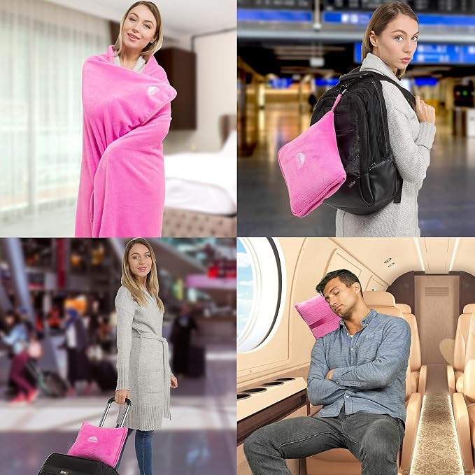BlueHills Premium Soft Travel Blanket Pillow 2-in-1 Combo Plane Cute - Pink | Packed in Soft Bag Pillowcase, Hand Luggage Belt & Backpack Clip, Compact Plane Traveling Essentials Flight Carry-on Comfort - Image 3