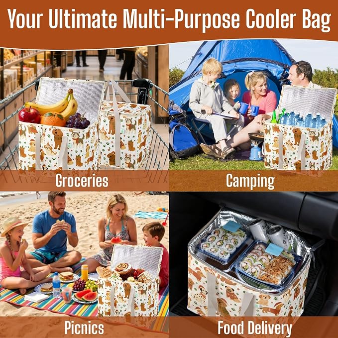 VENO 2 Pack Insulated Cooler Bag for Food Delivery, Reusable Grocery Bag | Heavy Duty Large Collapsible Cooler Shopping Tote w/ Zippers, Foldable, Stands Upright for Camping (Holiday Pups, 2 Pack) - Image 5