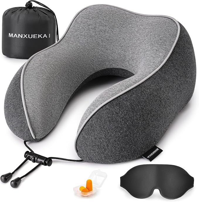Travel Neck Pillow,100% Pure Memory Foam, Soft Head Support | Washable Cotton Cover,Comes with 3D Eye Mask,Earplugs,Storage Bag,Ideal Travel Gift,Dark Grey by Unknown