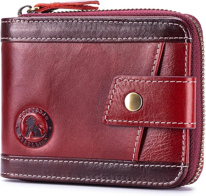 Men's Leather RFID Wallet with Zipper, 14 Card Slots, ID Window | Zippered coin pocket separates loose change; organized for commuting and everyday carry (Red) by STEELLION