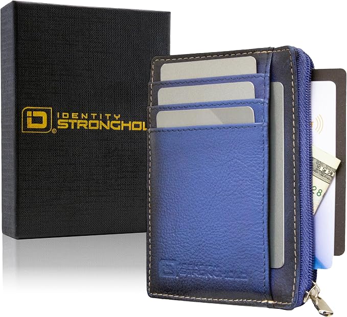 ID STRONGHOLD RFID Front Pocket Wallet Mini Minimalist Wallet Slim Wallet Genuine Leather with Zipper , Royal Blue , Small - Image 8