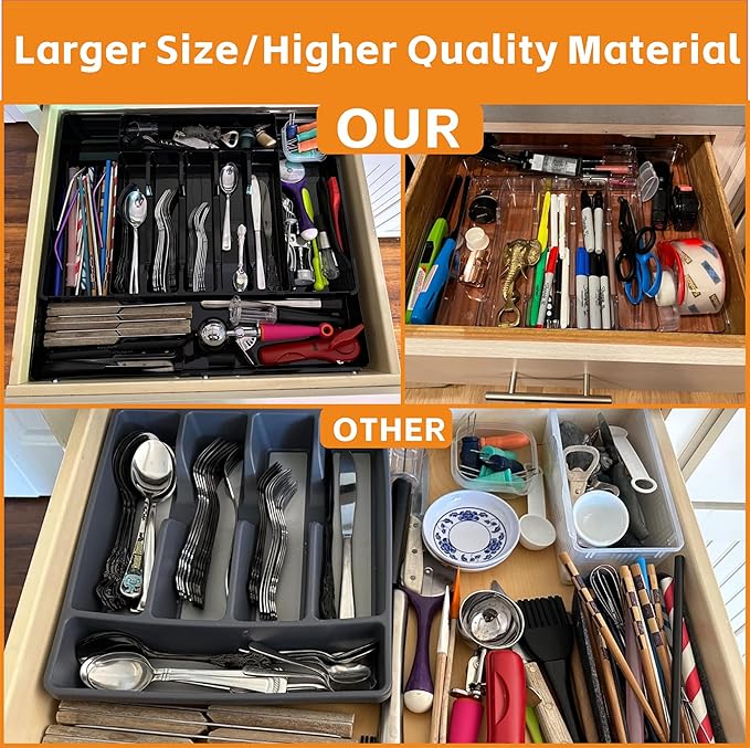 Black Expandable Silverware Drawer Organizer - Adjust From 11'' to 22'' - Knife,Cutlery,Spoons and Forks Organizer,Large 8 Grid Flatware,Silverware Tray,Utensil Organizer for Kitchen Drawers - Image 3