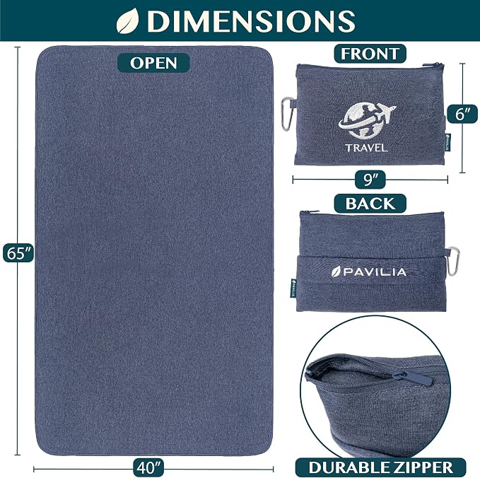 PAVILIA Travel Blanket Compact, Airplane Packable Bag, Soft Fleece Portable Throw Pillow Combo Set, Plane Flight Car Trips Essentials Gift Accessories, Luggage Backpack Clip, Navy Blue, 65 x 40 inch - Image 6