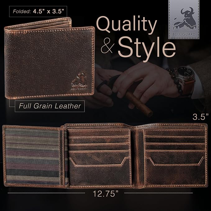 BULL GUARD RFID Blocking Bifold Wallets for Men with 2 ID Windows and 10 Credit Cards Slots Premium Security Full Grain Leather High Capacity Credit Card Wallet - Image 2