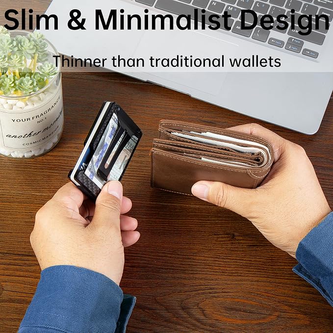 Carbon Fiber Minimalist Wallet for Men, Slim Metal RFID Blocking Wallet Credit Card Holder Money Clip & Cash Strap, Scratch-Resistant Holds 15 Cards,Ideal Gift for Men | Matte Carbon Fiber - Image 4