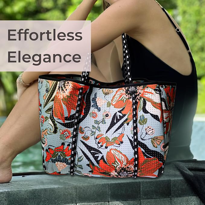 POPUPS Large Neoprene Tote Bag for Women - Everyday Designer Handbag for Travel Work and Beach with Pockets and Zipper Pouch - Image 9