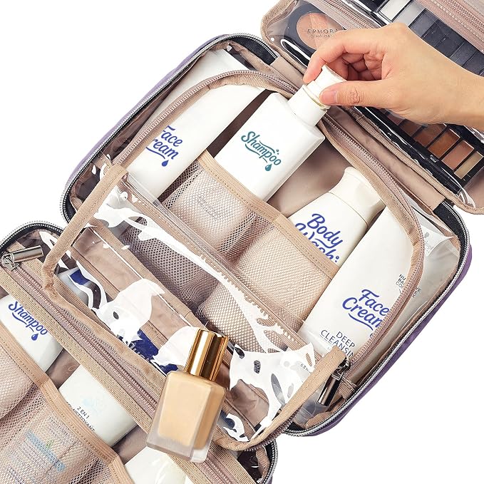 NISHEL Travel Toiletry Bag for women, Portable Hanging makeup Organizer | for Travel-Sized Shampoo, Conditioner, Brushes Set, makeup Accessories, Medium Size, Purple - Image 5