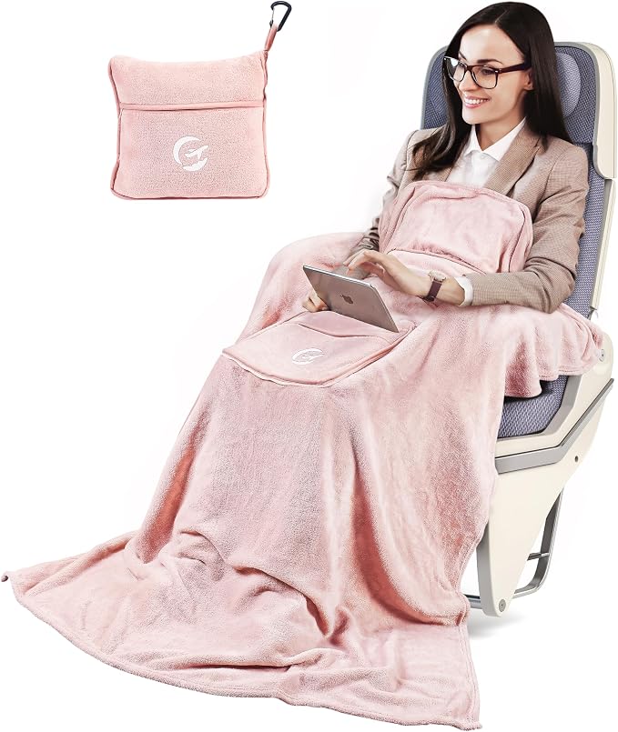 Tirrinia Travel Blanket Airplane Compact with Bag - Cozy Travel Pillow Blanket for Long Flight, Airplane Travel Essentials, Packable and Lightweight Travel Blanket and Pillow Set for Kids & Adults, by Tirrinia