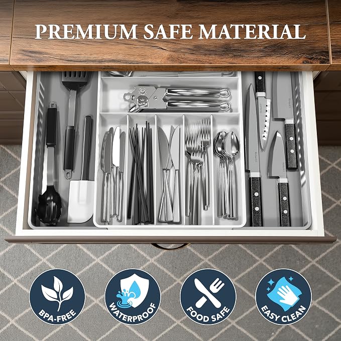 Simple Houseware Expandable Kitchen Drawer Flatware Organizer, Gray/White - Image 5