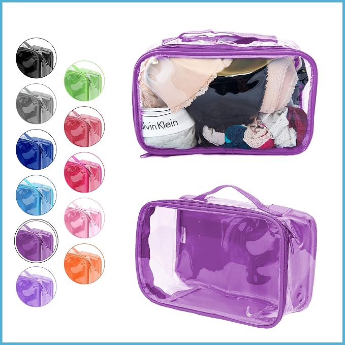 Small Clear Travel Packing Cube/See Through PVC Plastic Pouch for Carry On Suitcase, Backpack or Diaper Bag/Transparent Multipurpose Accessories, Makeup & Underwear Organizer w/Handle (Purple) - Image 2