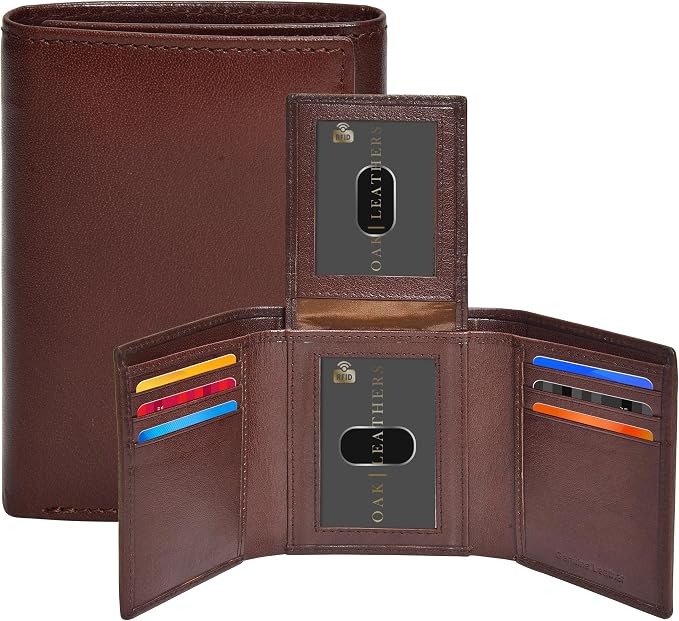 Real Leather Mens Trifold Wallet RFID Blocking Slim Minimalist Front Pocket - Thin & Stylish with ID Window in Gift Box by OakLeathers