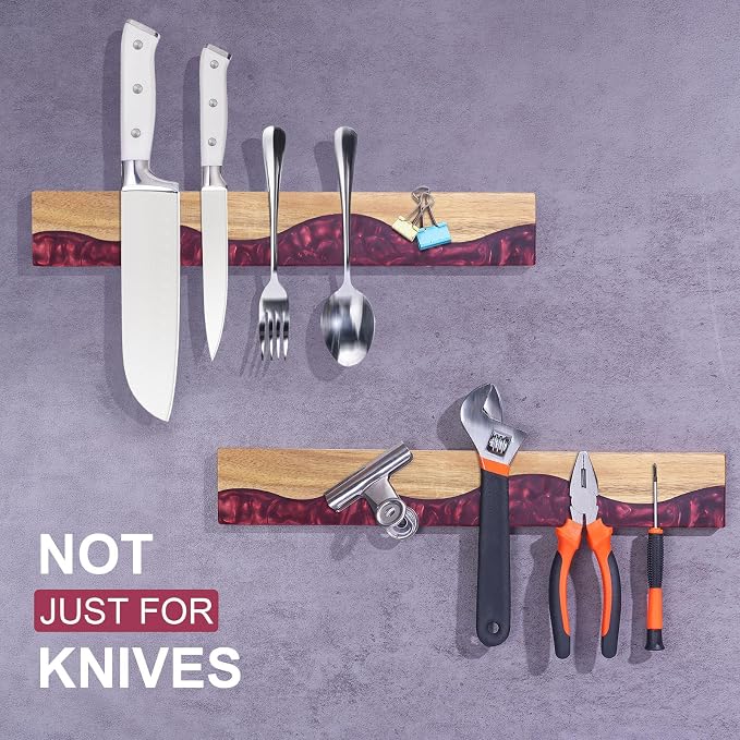 Magnetic Knife Holder for Wall 16 Inch, Acacia Wood Epoxy Resin Magnetic Knife Strip Bar, Powerful Magnet Kitchen Knife Storage Rack, Space-Saving Wall Mounted Organizer ("Ruby" Red Resin) - Image 7