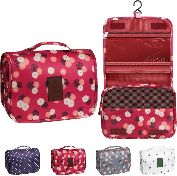 Toiletry Bag Travel Bag with Hanging Hook,Wine Red FLower | Waterproof Small Capacity Hanging Makeup Bag for Toiletries, Portable Cosmetic Bag Travel Organizer for Women Men by Unknown