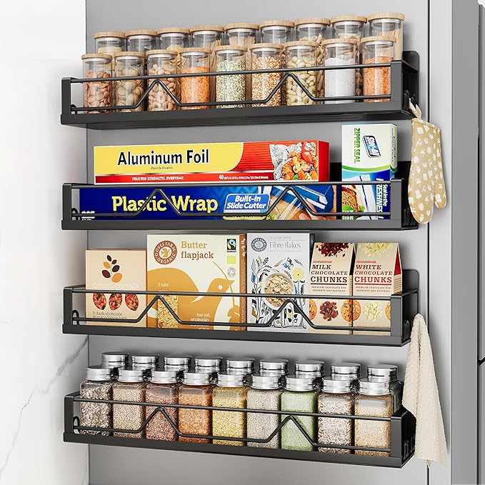 Mystozer 16.9 Inch Wide Large Capacity Magnetic Spice Rack for Refrigerator,4 Pack Metal Fridge Shelf Apartment Essentials Fridge Organizer Magnetic Storage Fridge Magnet Organizer(Black) by Mystozer