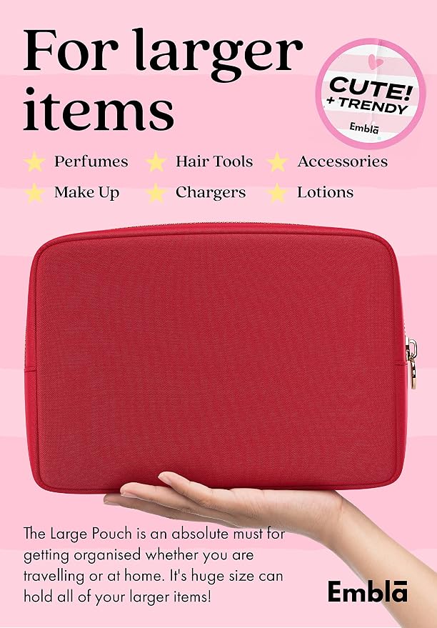 Embla Large Makeup Bag and Waterproof Nylon Travel Toiletry Bag, Large Capacity Cosmetic Zipper Pouch, Red - Image 3