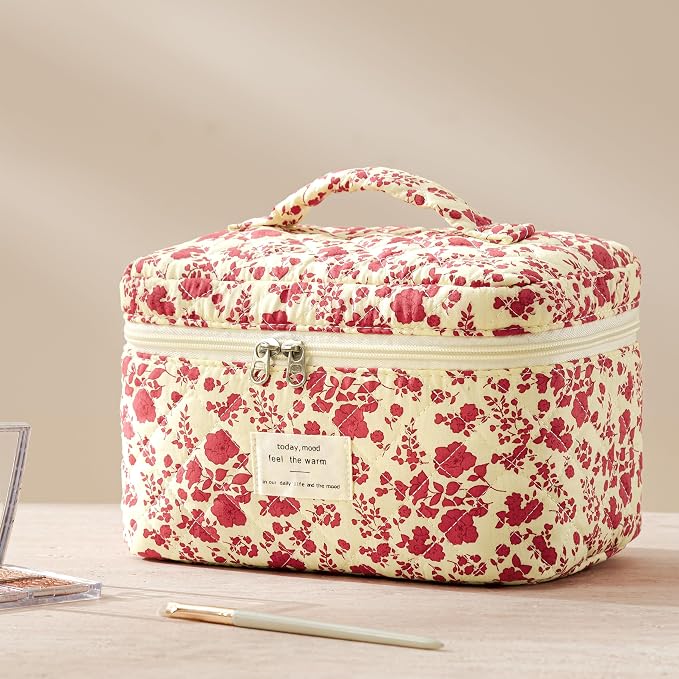 HBselect Quilted Makeup Bag, 3Pcs Cotton Large Travel Makeup Bags Organizer | Cute Floral Make up Bag Cosmetic Bag Toiletry Bag for Women Girls, Makeup Pouch for Skincare, Brushes & Travel Essentials - Image 6
