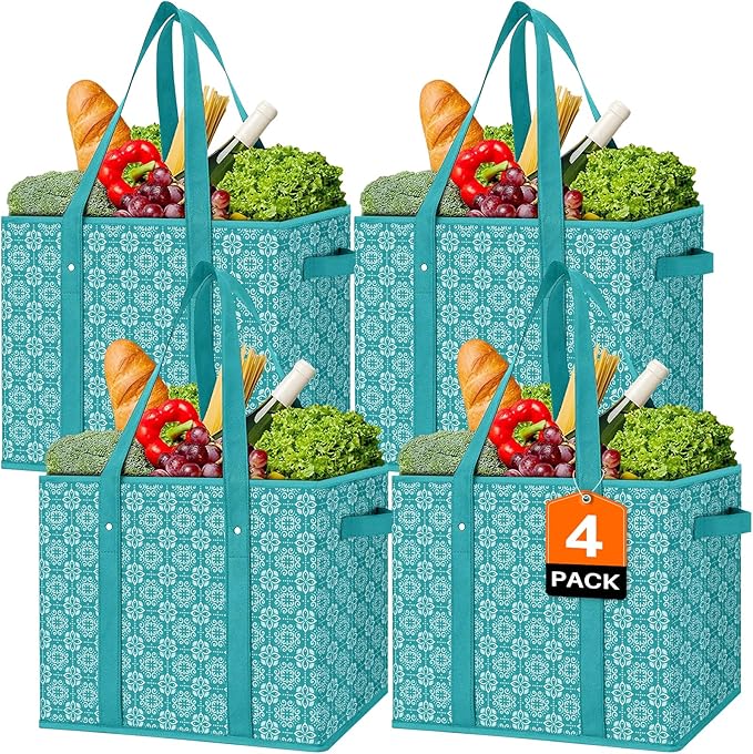 Reusable Grocery Bags 4 Pack, Foldable & Water Resistant Shopping Bags | Large Grocery Tote Bag Water Resistant Shopping Bags Foldable Grocery Bag for Clothes,Shoes and Picnic by WiseLife
