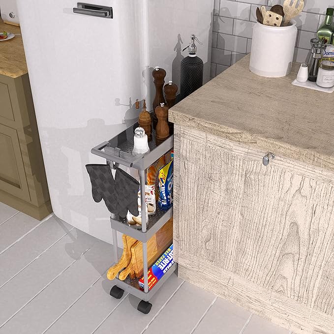 Simple Houseware 3-Tier Slim Rolling Cart w/Handle 5.5" Wx27.5 H, Gray | Storage Cart for Narrow Space (5.5-Inch Wide) Kitchen, Bathroom, Laundry Room - Image 5