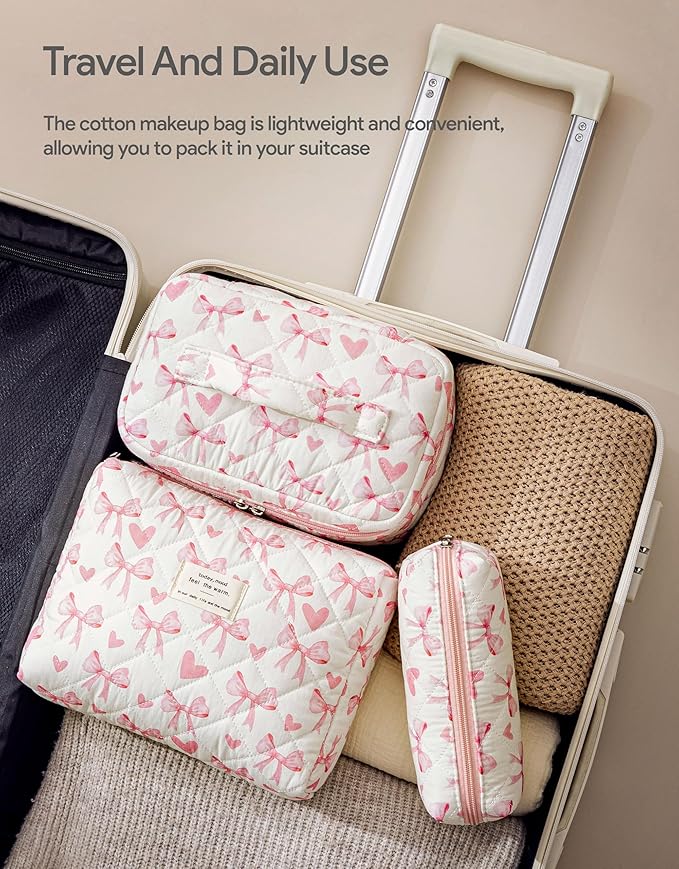 HBselect Quilted Makeup Bag, 3Pcs Cotton Large Travel Makeup Bags Organizer | Cute Floral Make up Bag Cosmetic Bag Toiletry Bag for Women Girls, Makeup Pouch for Skincare, Brushes & Travel Essentials - Image 4