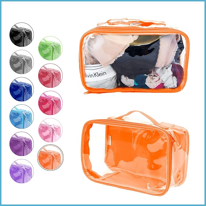 Small Clear Travel Packing Cube/See Through PVC Plastic Pouch for Carry On Suitcase, Backpack or Diaper Bag/Transparent Multipurpose Accessories, Makeup & Underwear Organizer w/Handle (Orange) - Image 2