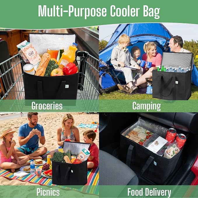 VENO 3 Pack Insulated Cooler Reusable Grocery Shopping Bag Food Delivery | Large Collapsible Cooler, Reusable Shopping Tote w/ Zippers, Foldable, Stands Upright, for Groceries Camping (Black, 3 Pack) - Image 5