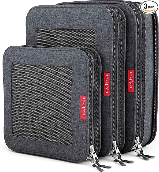 LeanTravel Premium Compression Packing Cubes for Travel - Suitcase Organizer Bags with Double Zipper & Breathable Mesh Panel - Space Saving Carry On Luggage Essentials (3-Pack, Black) by LeanTravel