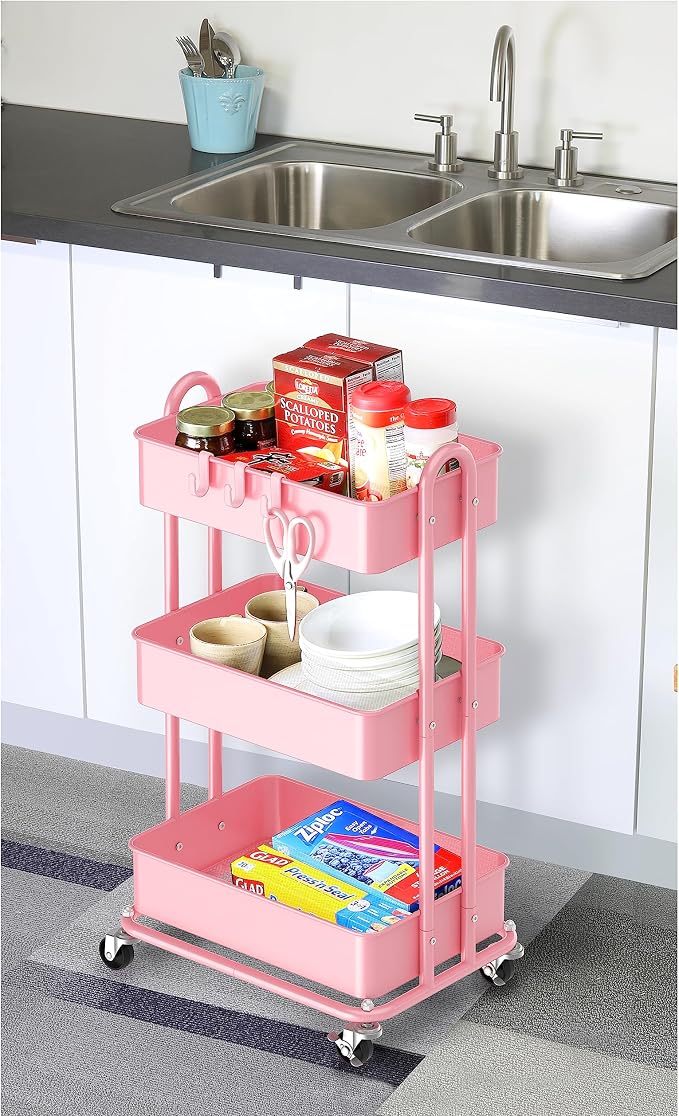 Simple Houseware 3-Tier Heavy Duty Metal Utility Rolling Cart, Pink - Image 5