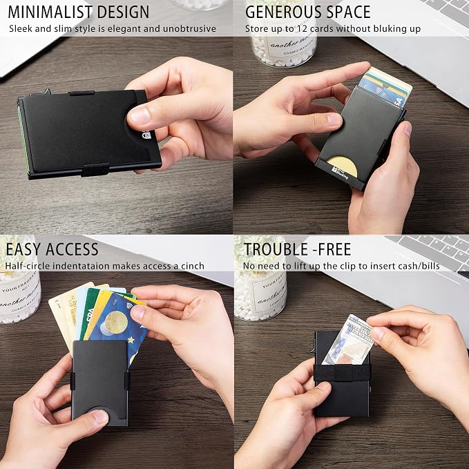 Slim Card Holder Wallet for Men, Minimalist RFID Blocking Pop Up Wallet, Smart Metal Business Card Case Holds 12 Cards, Money Clip, Front Pocket Wallet, Gifts for Men - Image 4