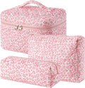 HBselect Quilted Makeup Bag, 3Pcs Cotton Large Travel Makeup Bags Organizer | Cute Floral Make up Bag Cosmetic Bag Toiletry Bag for Women Girls, Makeup Pouch for Skincare, Brushes & Travel Essentials by HBselect