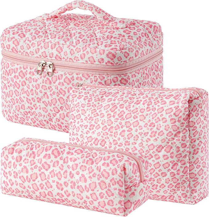 HBselect Quilted Makeup Bag, 3Pcs Cotton Large Travel Makeup Bags Organizer | Cute Floral Make up Bag Cosmetic Bag Toiletry Bag for Women Girls, Makeup Pouch for Skincare, Brushes & Travel Essentials by HBselect