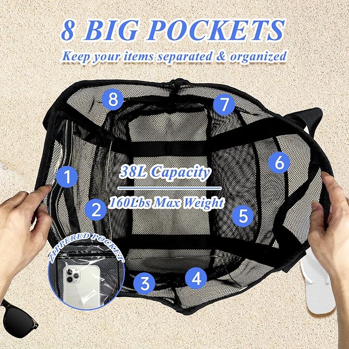 Large Mesh Beach Bag - Lightweight & Foldable Family Beach Bag with 9 Pockets for Toys, Towels & Vacation Essentials - Image 4