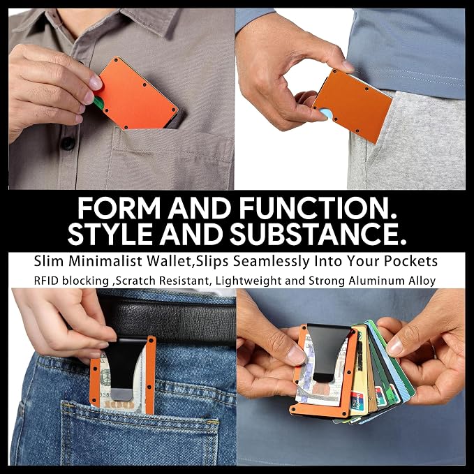 Minimalist Wallet for Men, Slim Metal RFID Blocking Wallet Credit Card Holder Money Clip & Cash Strap, Scratch-Resistant Holds 15 Cards,Ideal Gift for Men | Matt Orange - Image 6