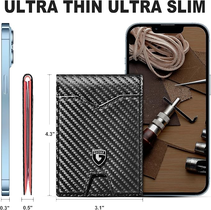 GSOIAX Slim Wallet for Men Rfid Blocking Leather Bifold Front Pocket Carbon Fiber Men's Money Clips Credit Card Holder With Gift Box - Image 5