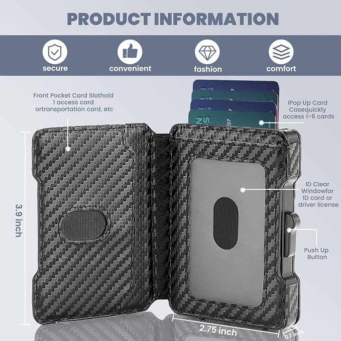 Wallet for Men, RFID Blocking Slim Mens Wallet with Money Clip | Minimalist Pop Up Card Case, ID Window, 9-11 Cards, Bifold Leather Front Pocket Wallet with Gift Box (Black-Carbon Fiber) - Image 6